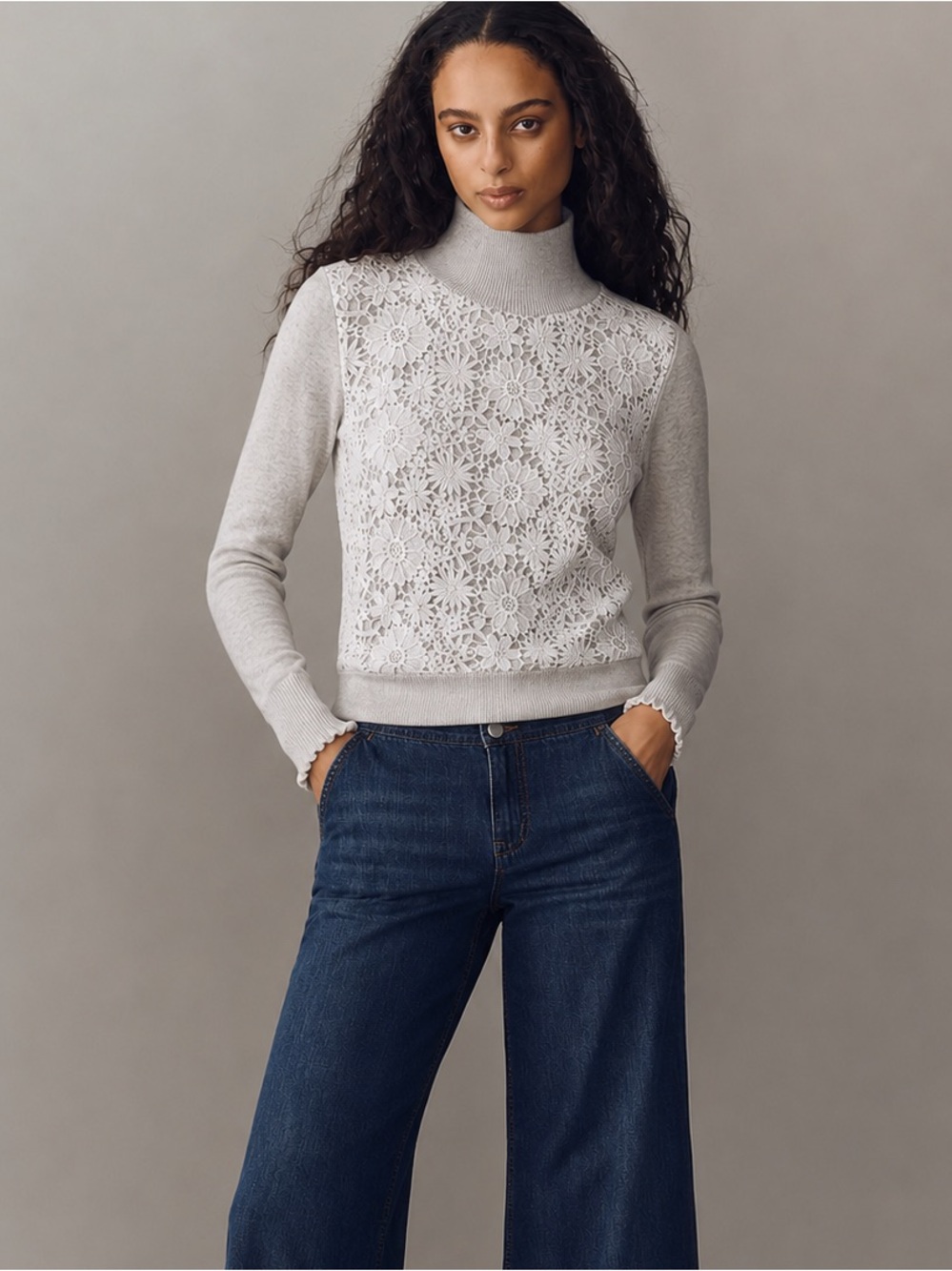French Connection Light Gray Lace-Front Turtleneck Sweater